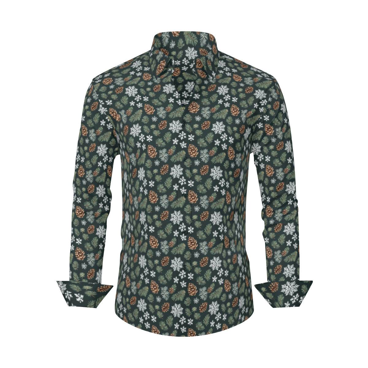 Snowflake Pine Men's Classic Long-Sleeved Button up Polyester Dress Shirt - DeRose Seasonal