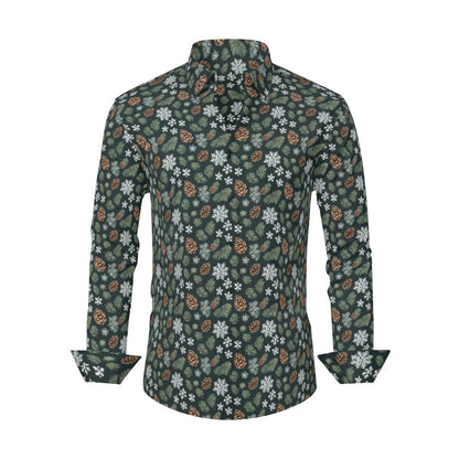 Snowflake Pine Men's Classic Long-Sleeved Button up Polyester Dress Shirt - DeRose Seasonal