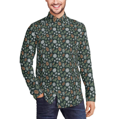 Snowflake Pine Men's Classic Long-Sleeved Button up Polyester Dress Shirt - DeRose Seasonal
