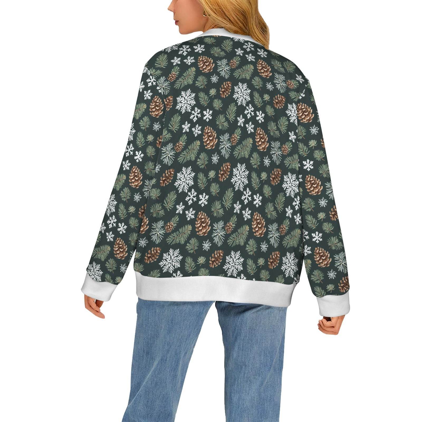 Snowflake Pine Women's Cardigan Button Sweater Custom Women's Cardigan (Model H73) - DeRose Seasonal