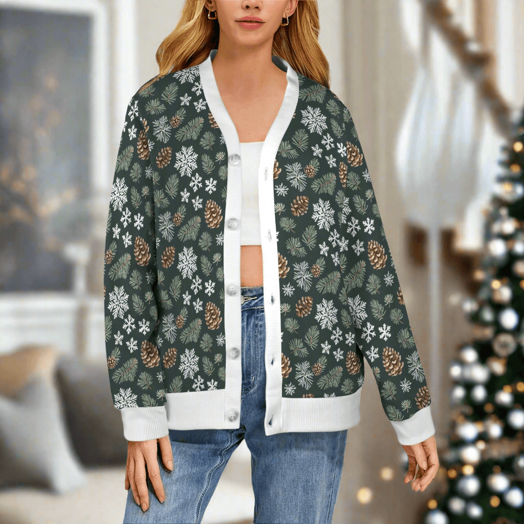 Snowflake Pine Women's Cardigan Button Sweater Custom Women's Cardigan (Model H73) - DeRose Seasonal