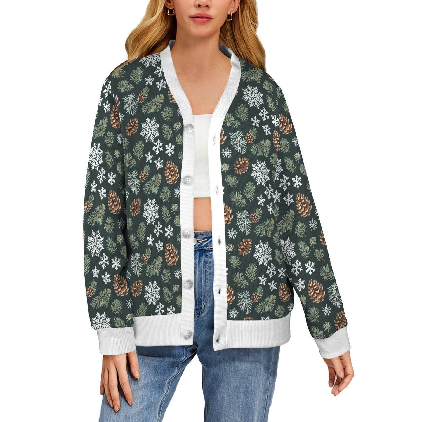 Snowflake Pine Women's Cardigan Button Sweater Custom Women's Cardigan (Model H73) - DeRose Seasonal