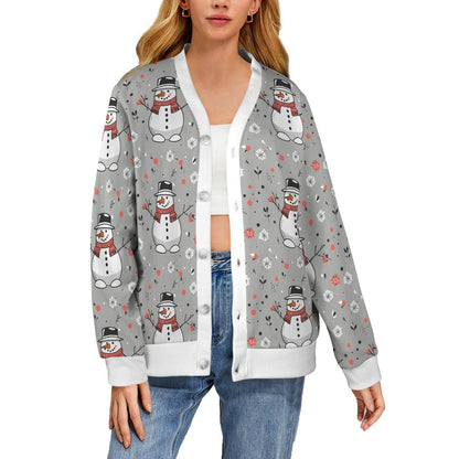 Snowman Women's Cardigan Button Sweater Custom Women's Cardigan (Model H73) - DeRose Seasonal