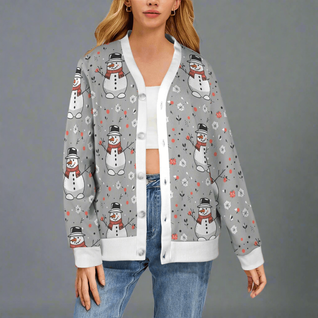 Snowman Women's Cardigan Button Sweater Custom Women's Cardigan (Model H73) - DeRose Seasonal