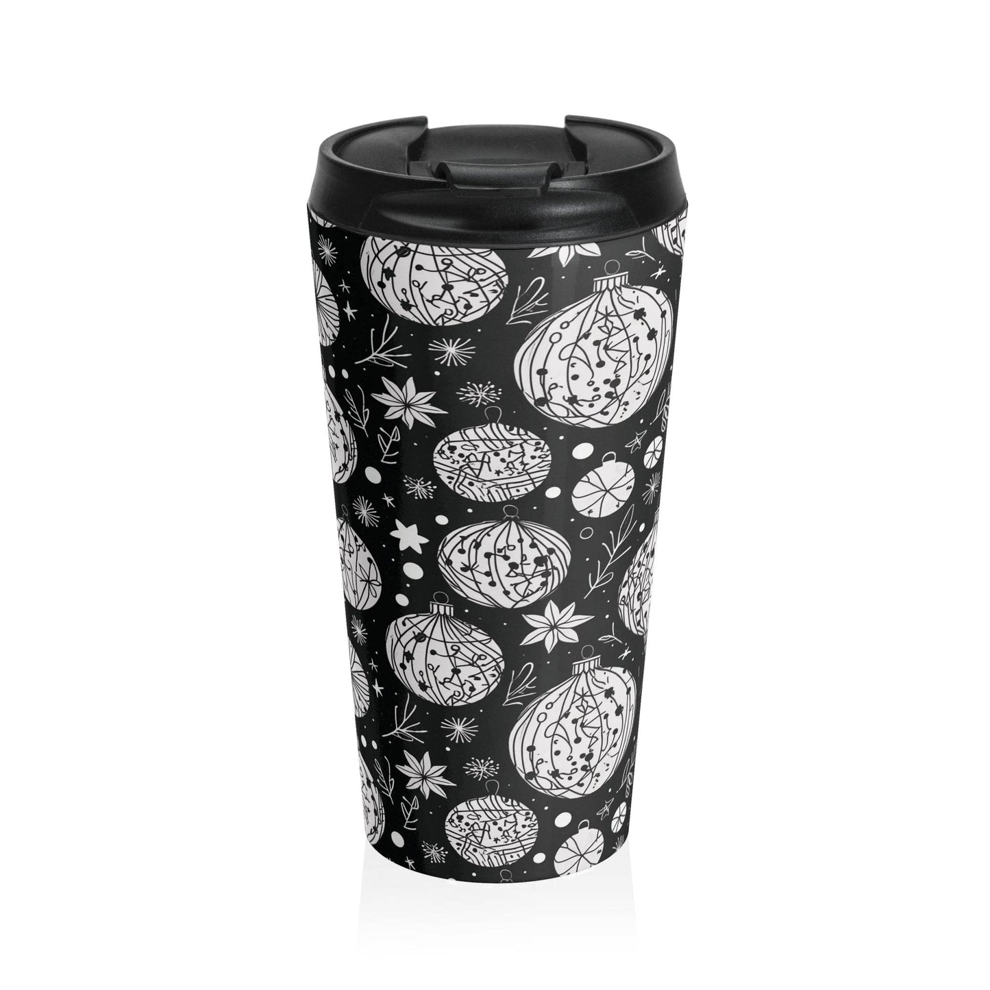 Stainless Steel Black and White Ornament Travel Mug - DeRose Seasonal