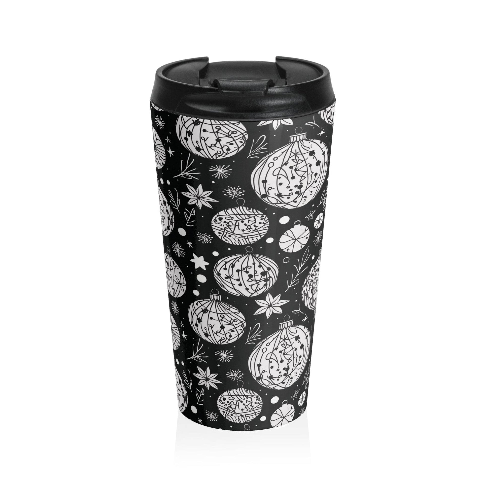 Stainless Steel Black and White Ornament Travel Mug - DeRose Seasonal