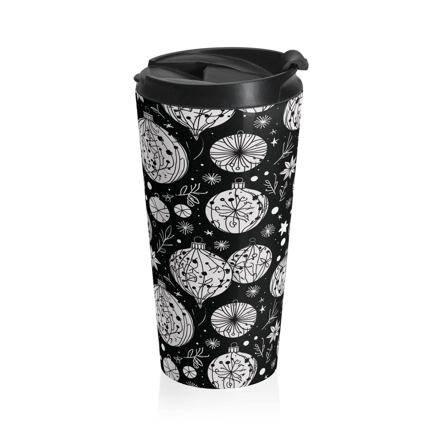 Stainless Steel Black and White Ornament Travel Mug - DeRose Seasonal