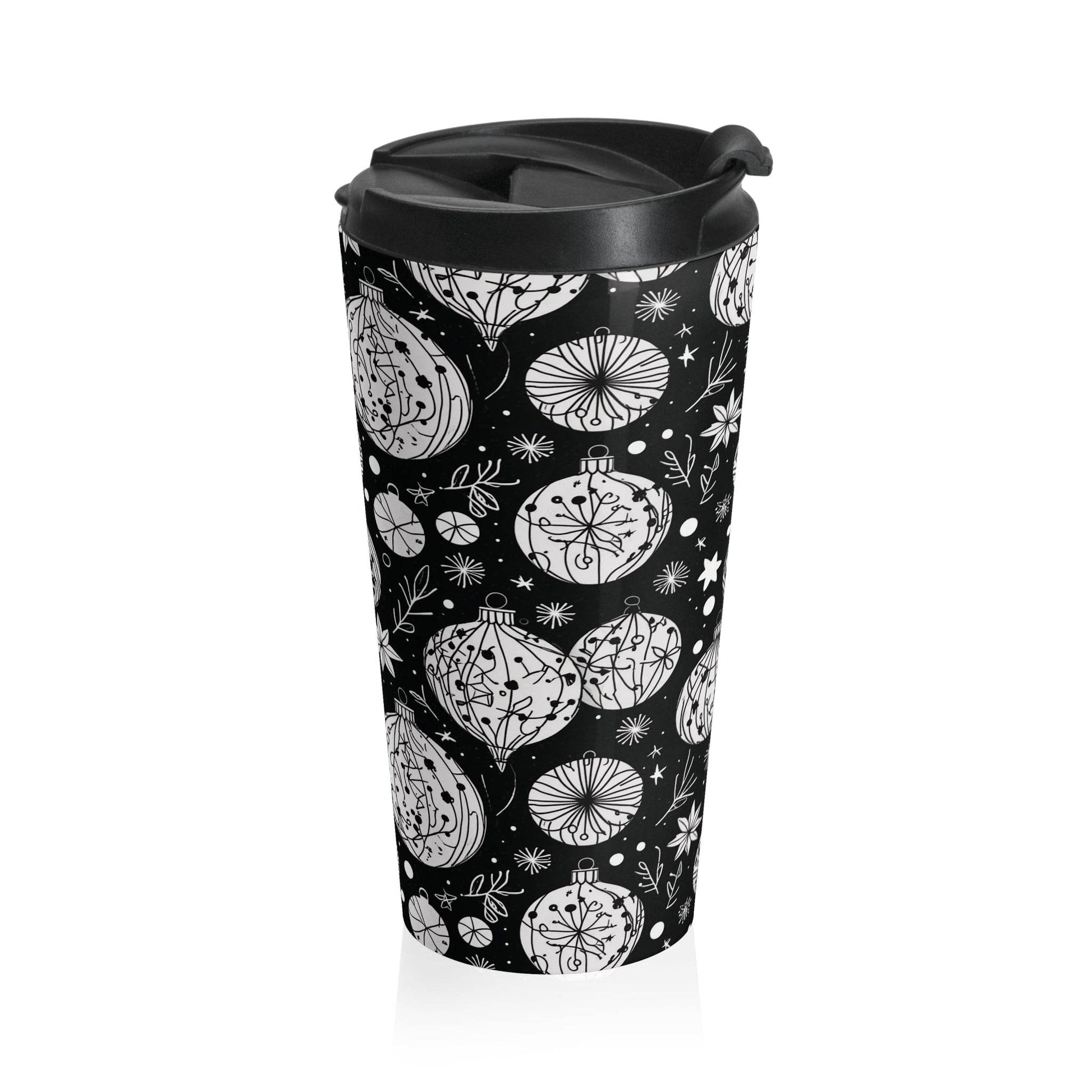 Stainless Steel Black and White Ornament Travel Mug - DeRose Seasonal
