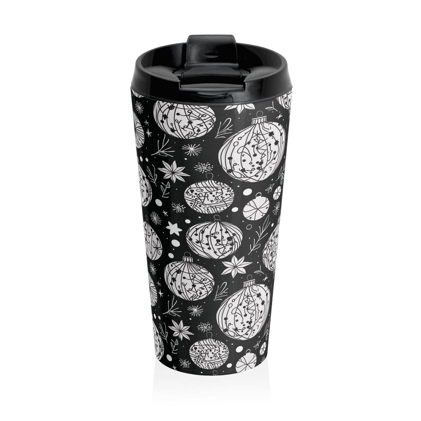 Stainless Steel Black and White Ornament Travel Mug - DeRose Seasonal