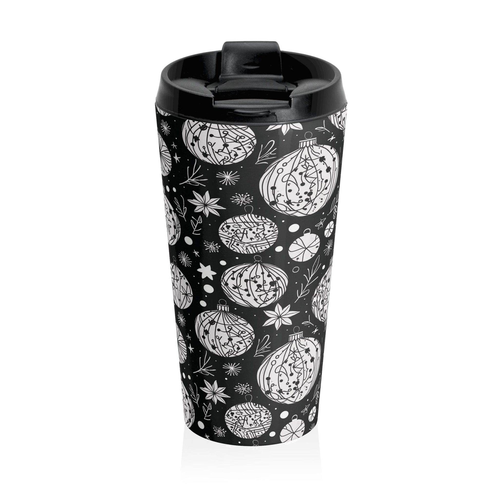Stainless Steel Black and White Ornament Travel Mug - DeRose Seasonal
