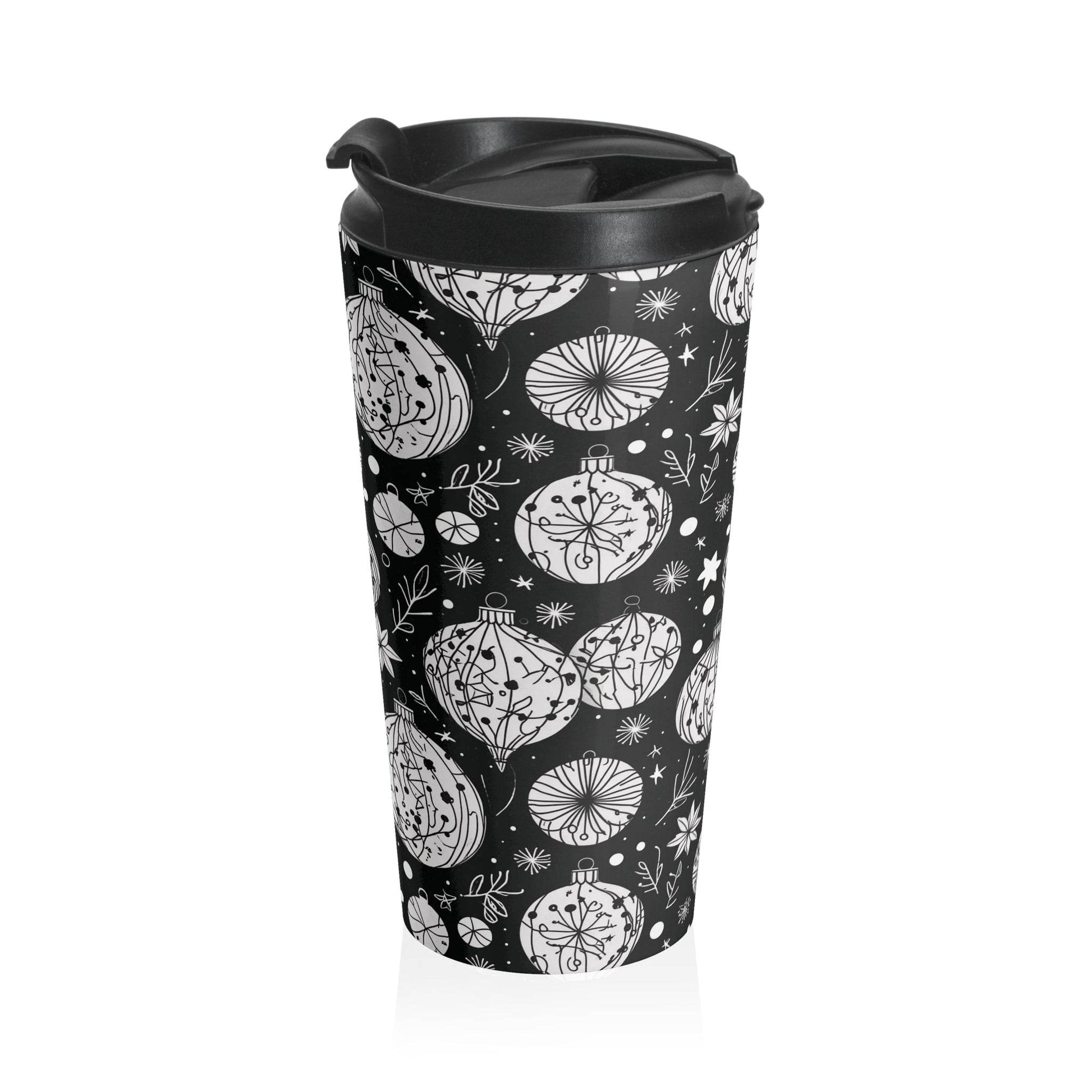 Stainless Steel Black and White Ornament Travel Mug - DeRose Seasonal