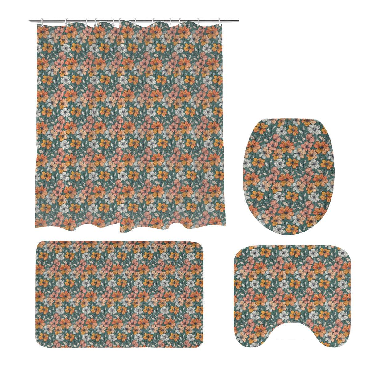 Pastel Flowers Bathroom Four-Piece Set(Shower Curtain + Toilet Cover Mat + Toilet Foot Mat + Floor Mat)| Polyester - DeRose Seasonal