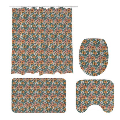 Pastel Flowers Bathroom Four-Piece Set(Shower Curtain + Toilet Cover Mat + Toilet Foot Mat + Floor Mat)| Polyester - DeRose Seasonal