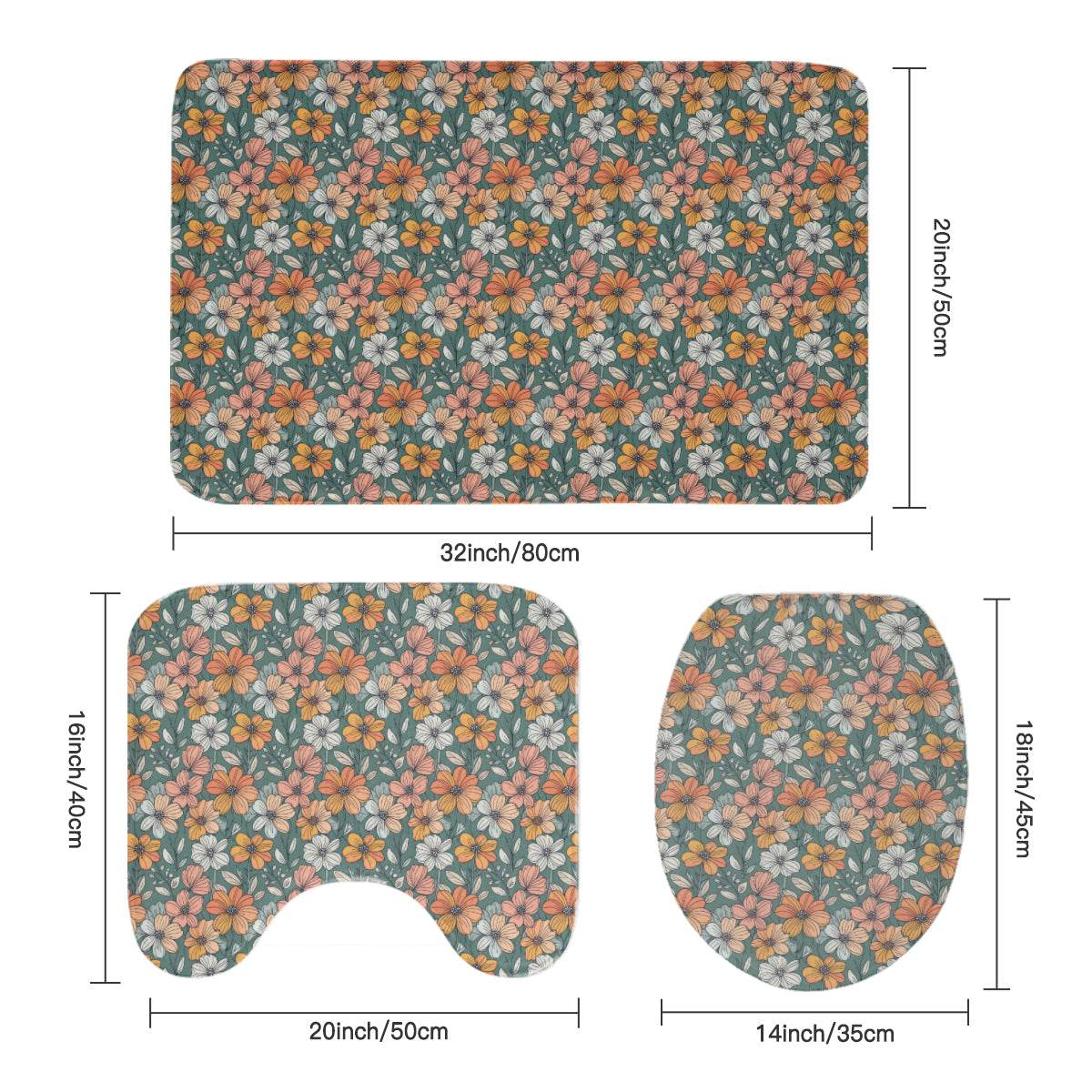 Pastel Flowers Bathroom Four-Piece Set(Shower Curtain + Toilet Cover Mat + Toilet Foot Mat + Floor Mat)| Polyester - DeRose Seasonal