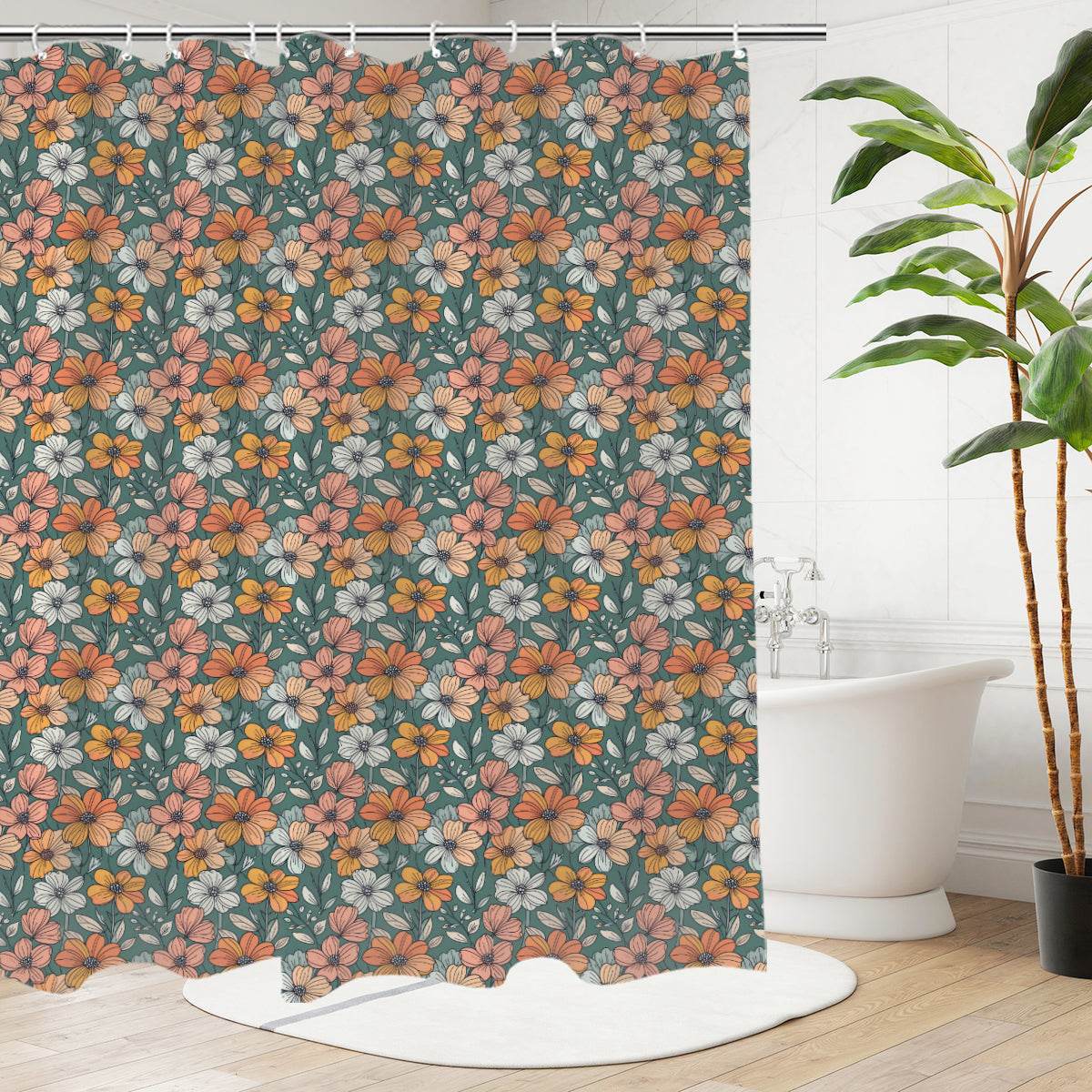 Pastel Flowers Bathroom Four-Piece Set(Shower Curtain + Toilet Cover Mat + Toilet Foot Mat + Floor Mat)| Polyester - DeRose Seasonal
