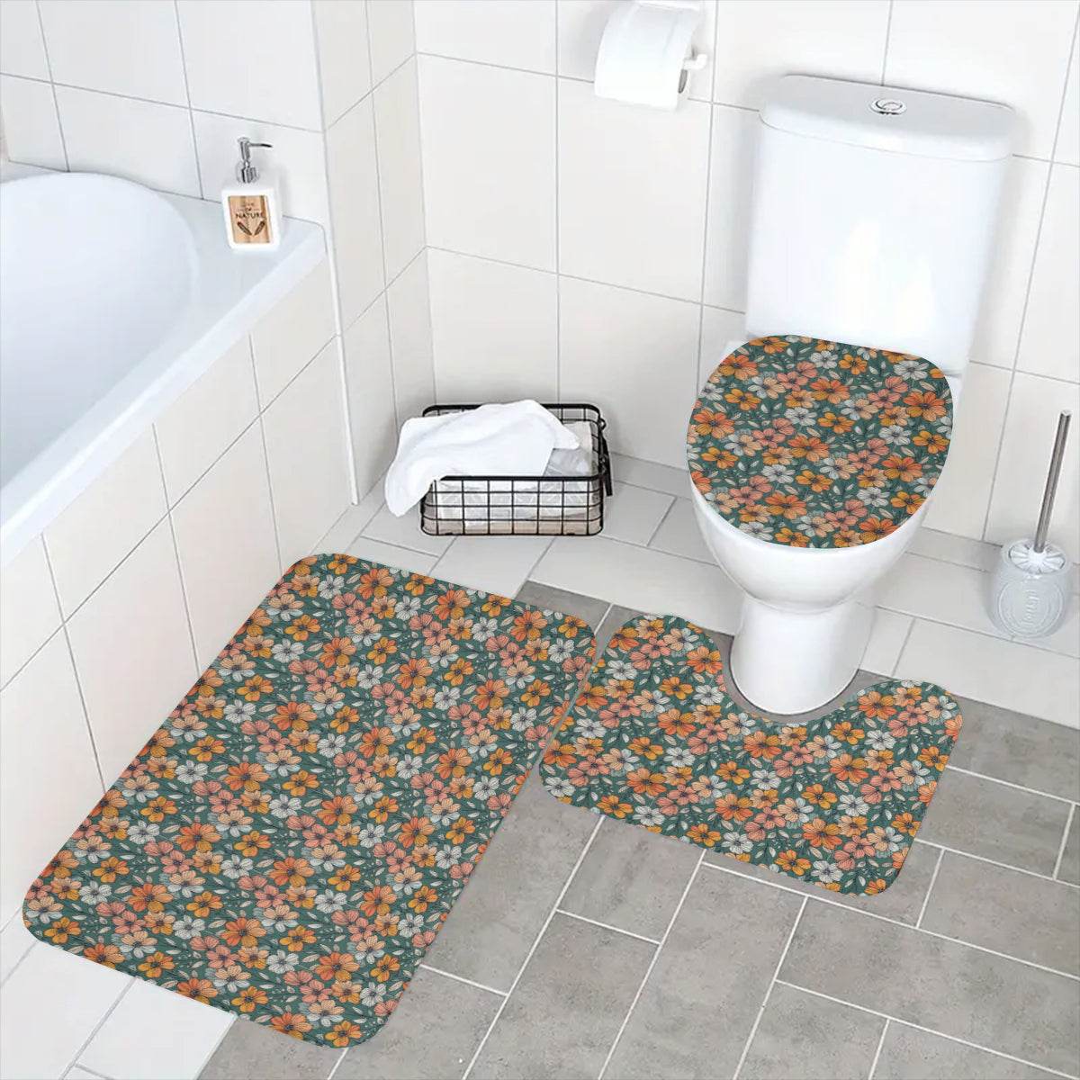 Pastel Flowers Bathroom Four-Piece Set(Shower Curtain + Toilet Cover Mat + Toilet Foot Mat + Floor Mat)| Polyester - DeRose Seasonal