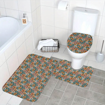 Pastel Flowers Bathroom Four-Piece Set(Shower Curtain + Toilet Cover Mat + Toilet Foot Mat + Floor Mat)| Polyester - DeRose Seasonal