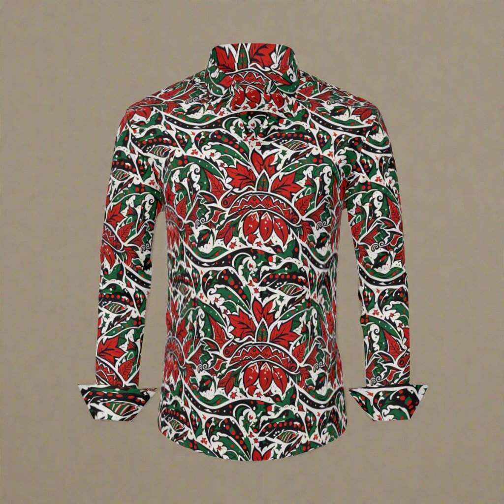 Tribal Christmas Men's Classic Long-Sleeved Button up Polyester Dress Shirt - DeRose Seasonal