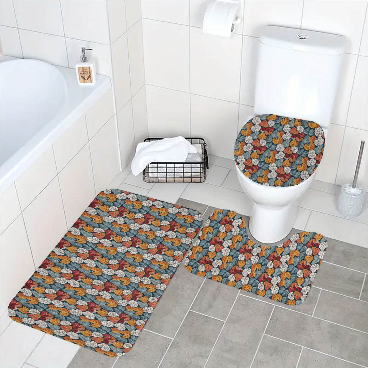 Fall into Winter Bathroom Four-Piece Set(Shower Curtain + Toilet Cover Mat + Toilet Foot Mat + Floor Mat)| Polyester - DeRose Seasonal