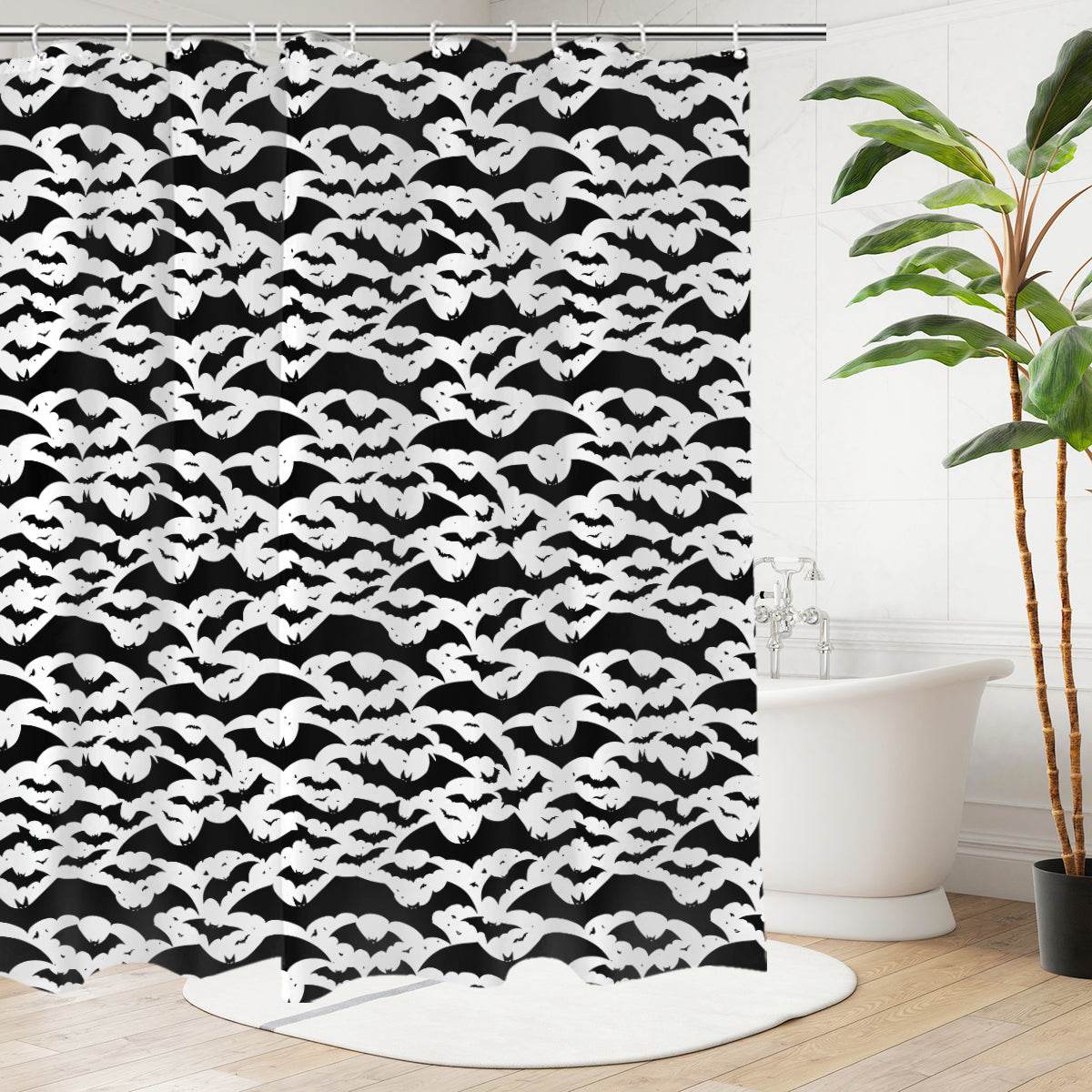 Black and White Bats Bathroom Four-Piece Set(Shower Curtain + Toilet Cover Mat + Toilet Foot Mat + Floor Mat)| Polyester - DeRose Seasonal