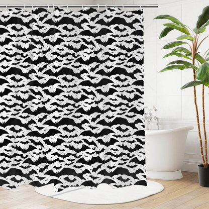 Black and White Bats Bathroom Four-Piece Set(Shower Curtain + Toilet Cover Mat + Toilet Foot Mat + Floor Mat)| Polyester - DeRose Seasonal