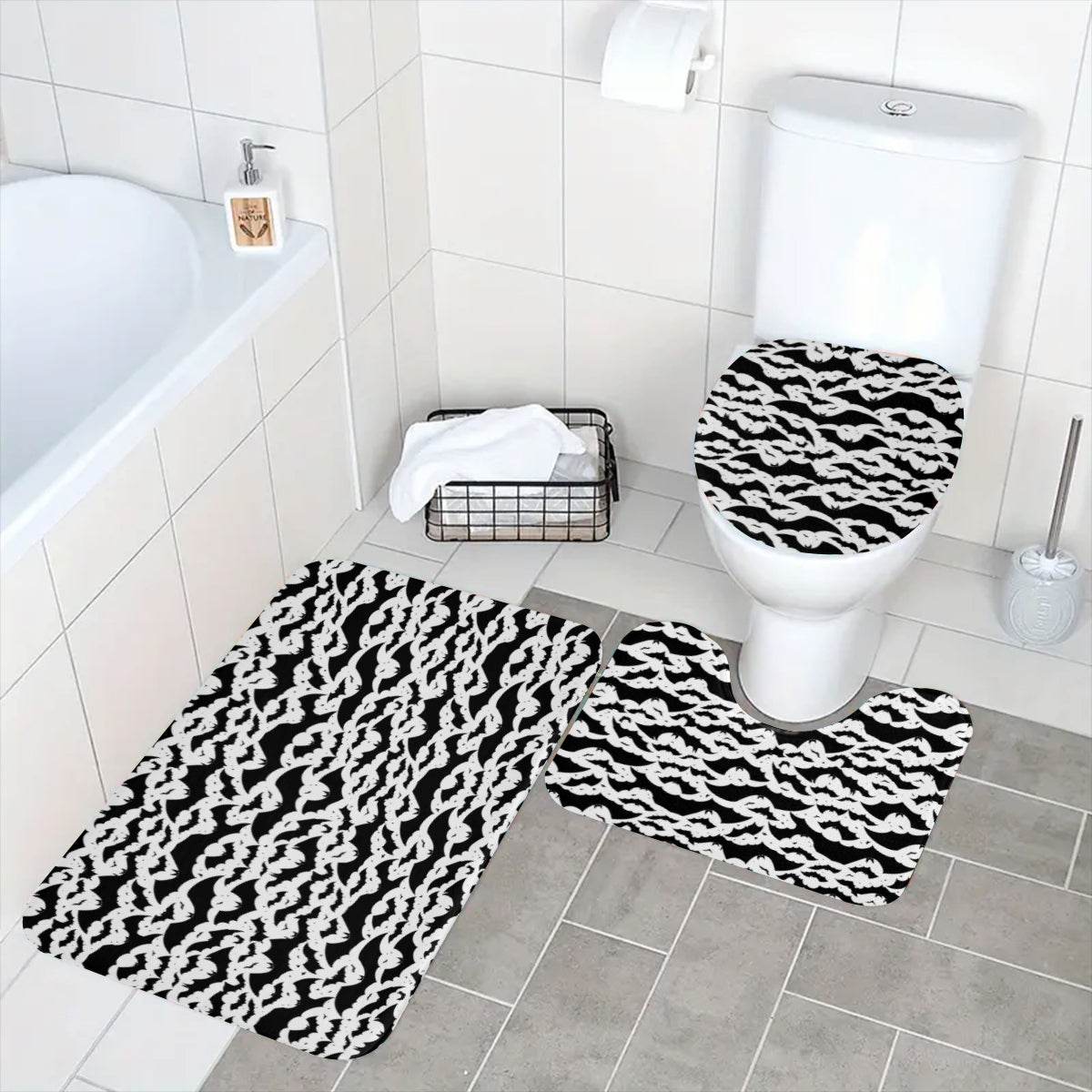 Black and White Bats Bathroom Four-Piece Set(Shower Curtain + Toilet Cover Mat + Toilet Foot Mat + Floor Mat)| Polyester - DeRose Seasonal