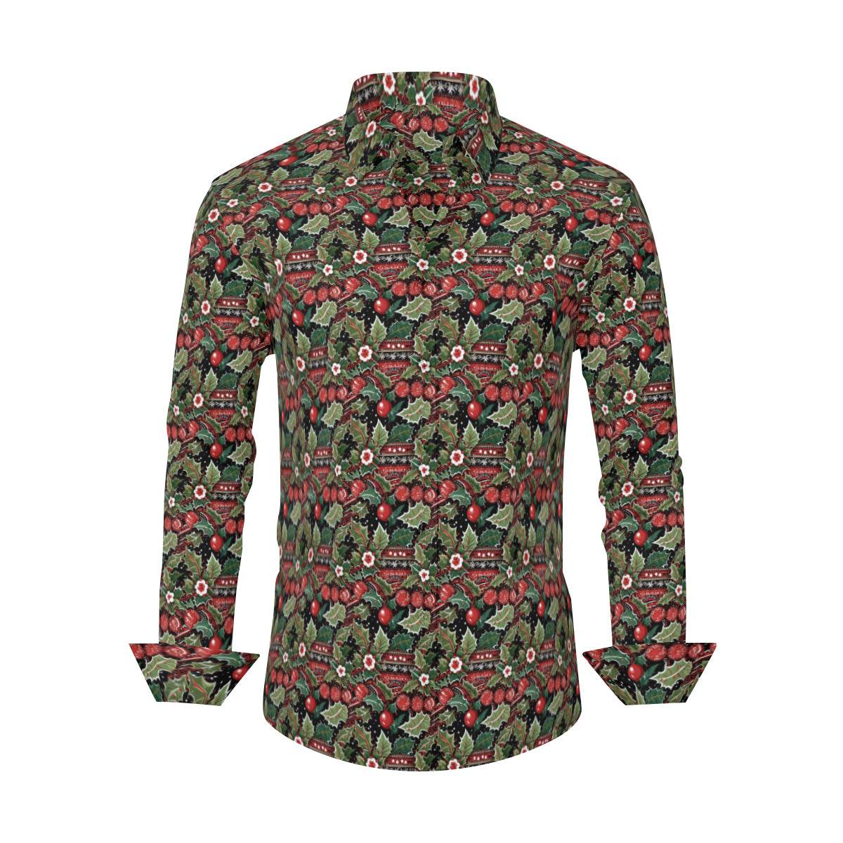 Vintage Christmas Men's Classic Long-Sleeved Button up Polyester Dress Shirt - DeRose Seasonal