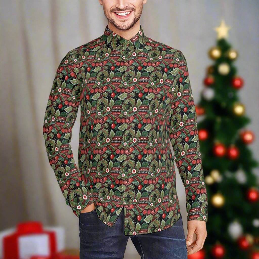Vintage Christmas Men's Classic Long-Sleeved Button up Polyester Dress Shirt - DeRose Seasonal
