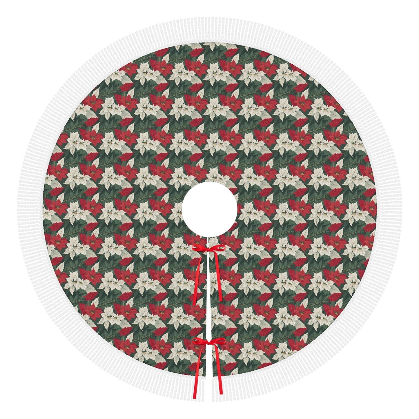 Vintage Poinsettia Fringed Christmas Tree Skirts - DeRose Seasonal