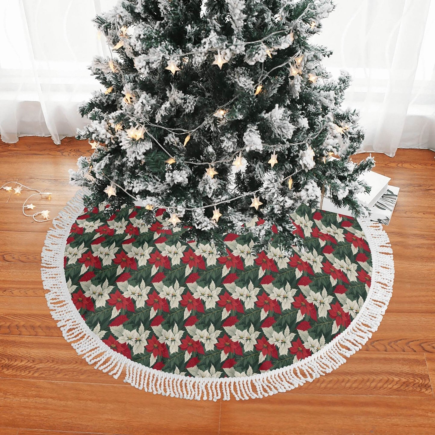 Vintage Poinsettia Fringed Christmas Tree Skirts - DeRose Seasonal