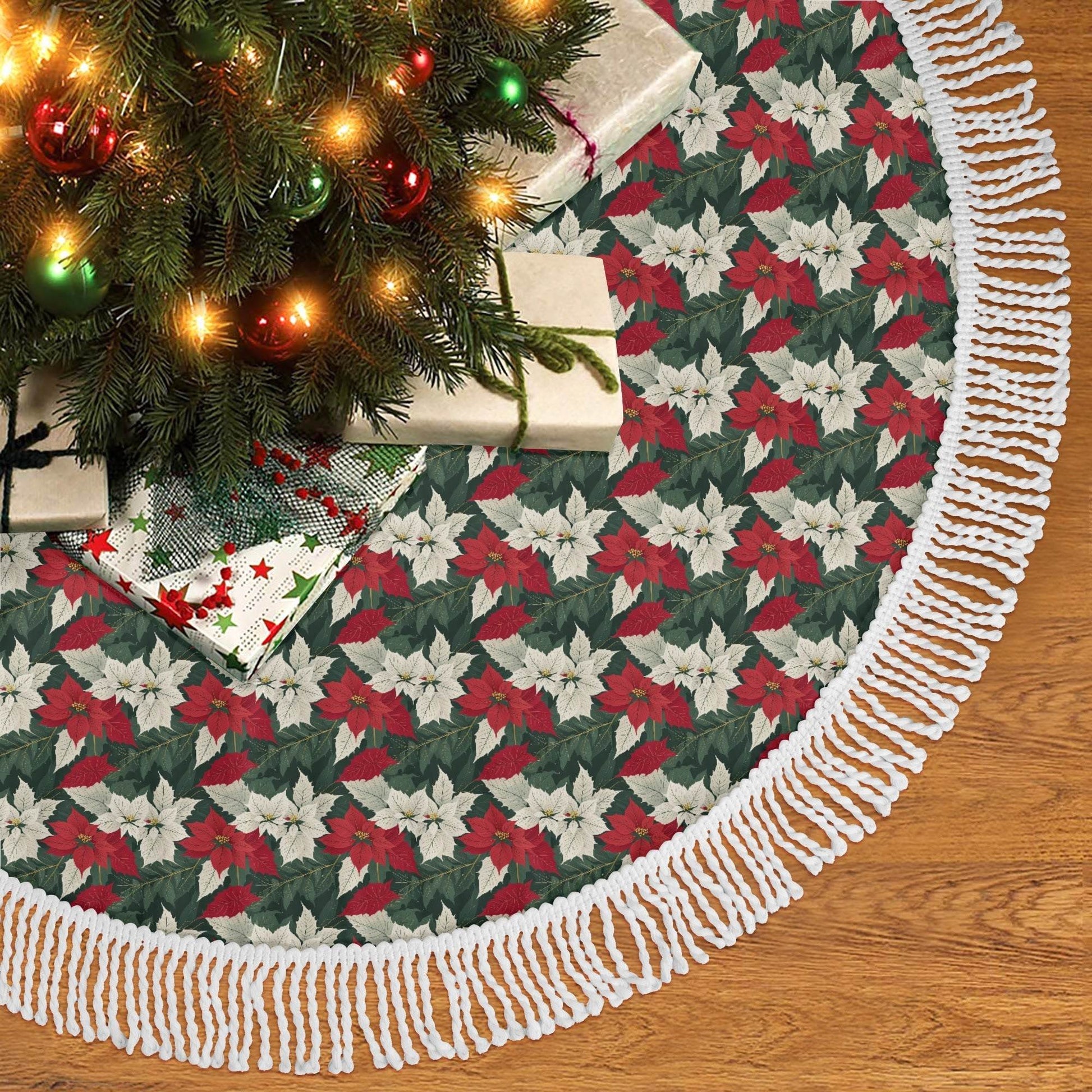 Vintage Poinsettia Fringed Christmas Tree Skirts - DeRose Seasonal