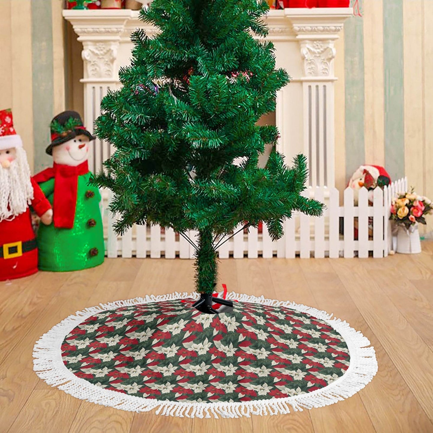 Vintage Poinsettia Fringed Christmas Tree Skirts - DeRose Seasonal