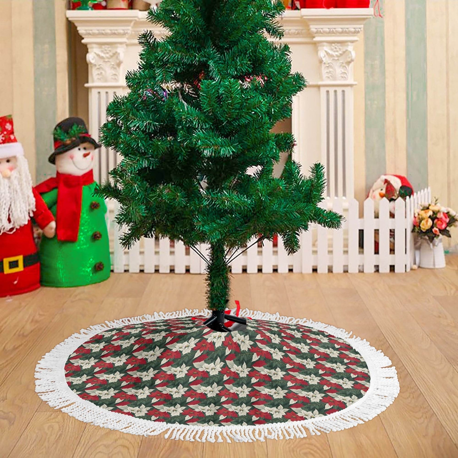 Vintage Poinsettia Fringed Christmas Tree Skirts - DeRose Seasonal