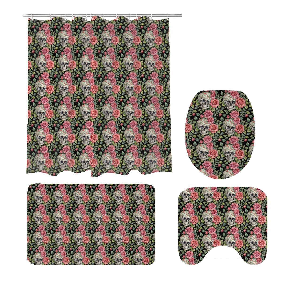 Pink Skulls Bathroom Four-Piece Set(Shower Curtain + Toilet Cover Mat + Toilet Foot Mat + Floor Mat)| Polyester - DeRose Seasonal