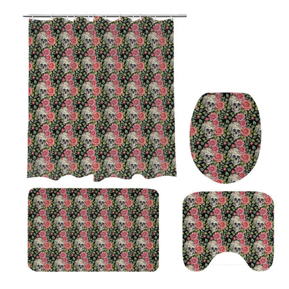 Pink Skulls Bathroom Four-Piece Set(Shower Curtain + Toilet Cover Mat + Toilet Foot Mat + Floor Mat)| Polyester - DeRose Seasonal