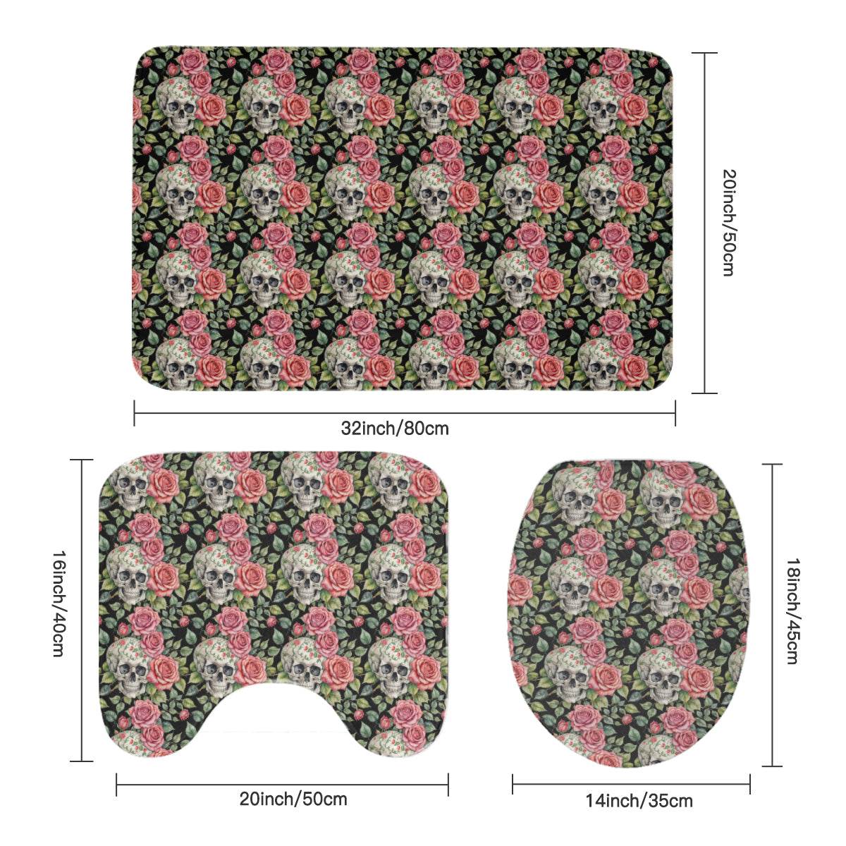 Pink Skulls Bathroom Four-Piece Set(Shower Curtain + Toilet Cover Mat + Toilet Foot Mat + Floor Mat)| Polyester - DeRose Seasonal