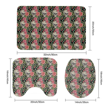 Pink Skulls Bathroom Four-Piece Set(Shower Curtain + Toilet Cover Mat + Toilet Foot Mat + Floor Mat)| Polyester - DeRose Seasonal