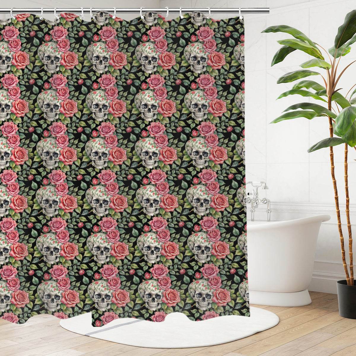 Pink Skulls Bathroom Four-Piece Set(Shower Curtain + Toilet Cover Mat + Toilet Foot Mat + Floor Mat)| Polyester - DeRose Seasonal
