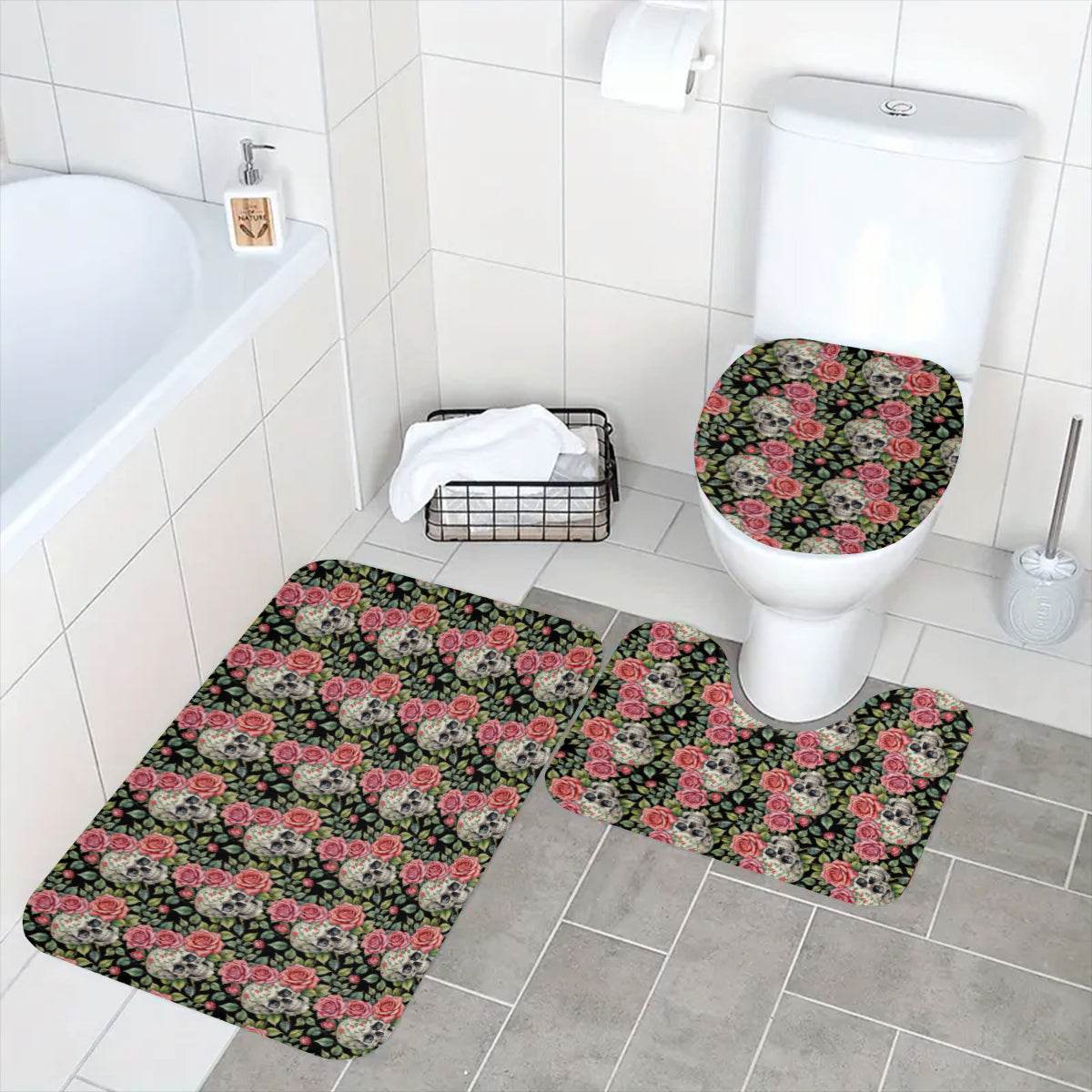 Pink Skulls Bathroom Four-Piece Set(Shower Curtain + Toilet Cover Mat + Toilet Foot Mat + Floor Mat)| Polyester - DeRose Seasonal