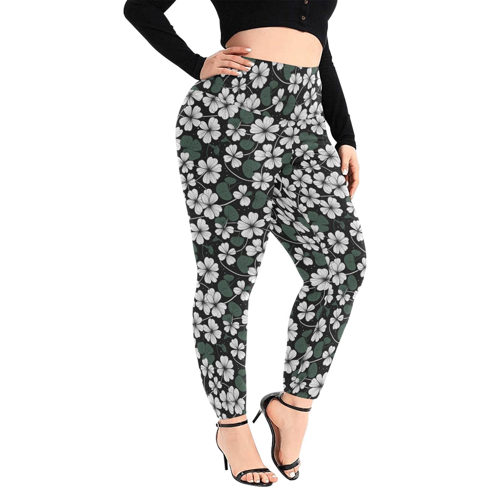 White Clover Women's Plus Size High Waited Leggings Women's High Waist Leggings(Plus Size)(ModelL45) - DeRose Seasonal