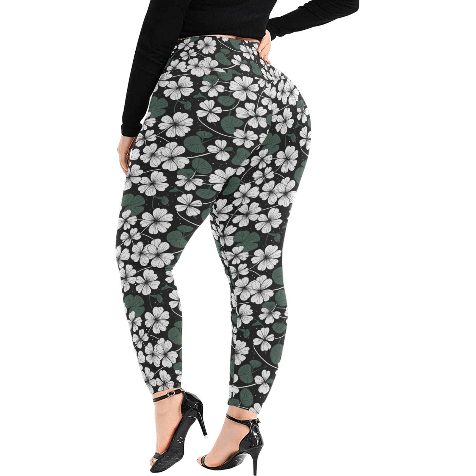 White Clover Women's Plus Size High Waited Leggings Women's High Waist Leggings(Plus Size)(ModelL45) - DeRose Seasonal