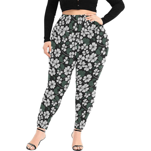 White Clover Women's Plus Size High Waited Leggings Women's High Waist Leggings(Plus Size)(ModelL45) - DeRose Seasonal