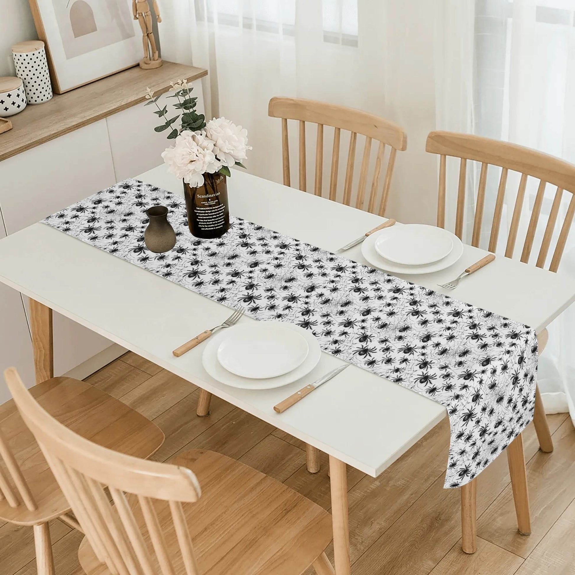 White and Black Spiders Polyester Table Runner - DeRose Seasonal