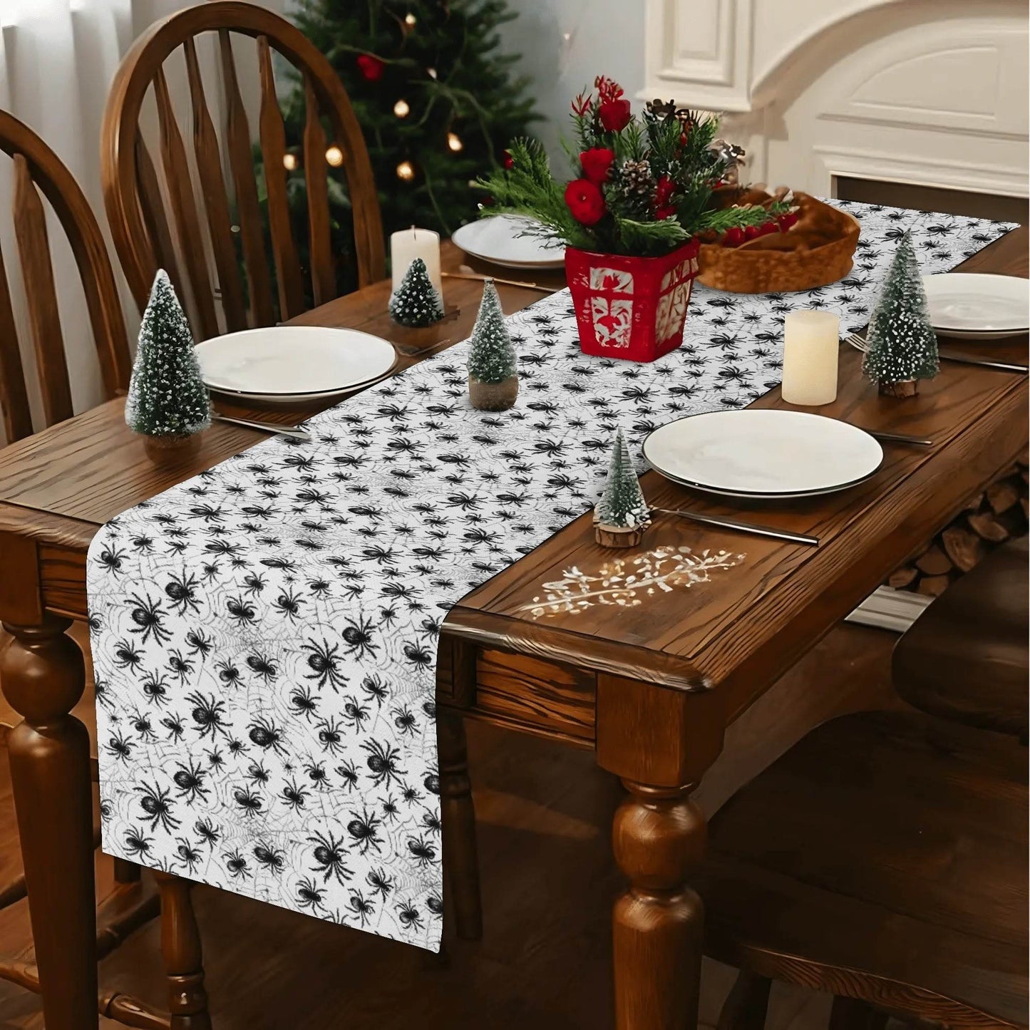 White and Black Spiders Polyester Table Runner - DeRose Seasonal