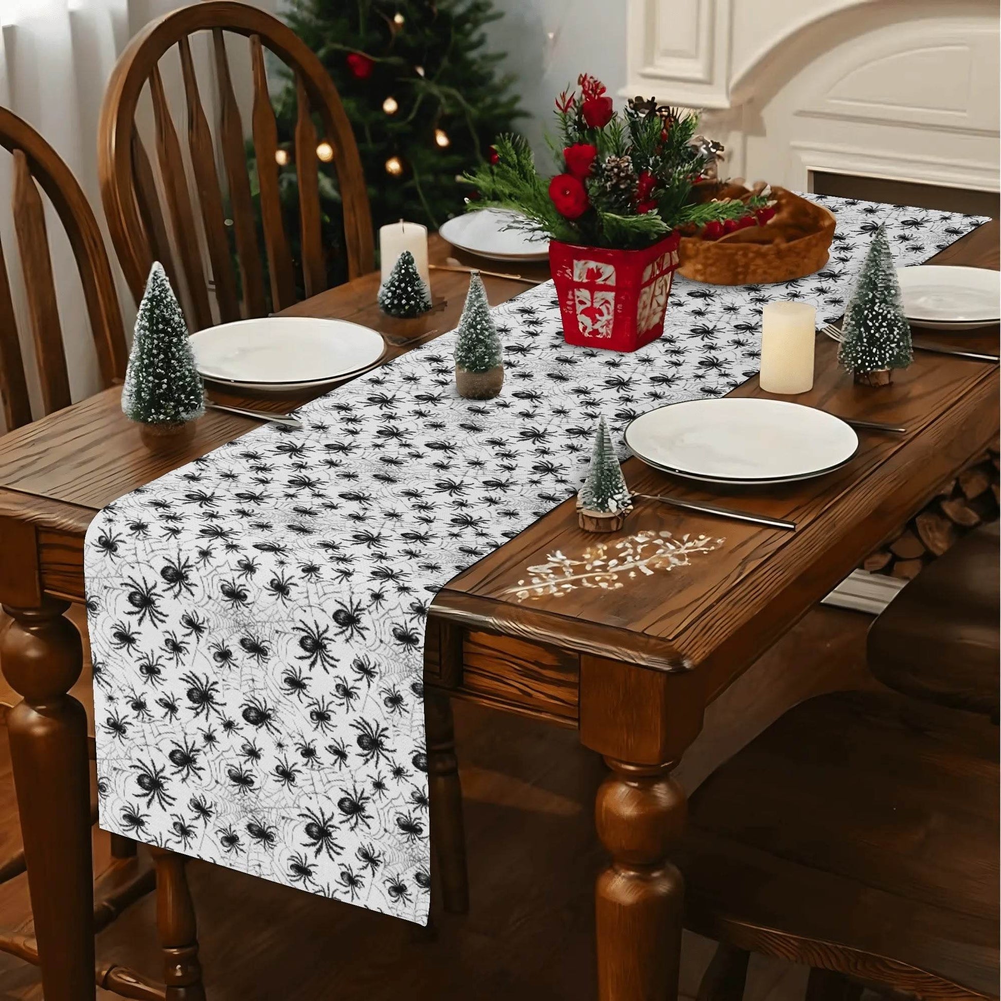 White and Black Spiders Polyester Table Runner - DeRose Seasonal