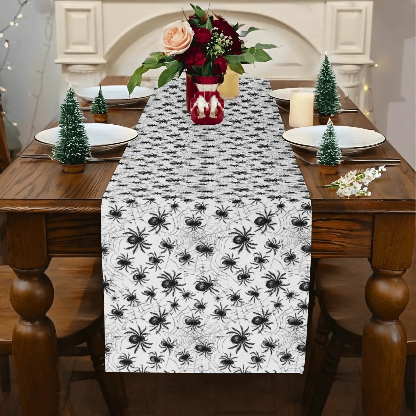 White and Black Spiders Polyester Table Runner - DeRose Seasonal