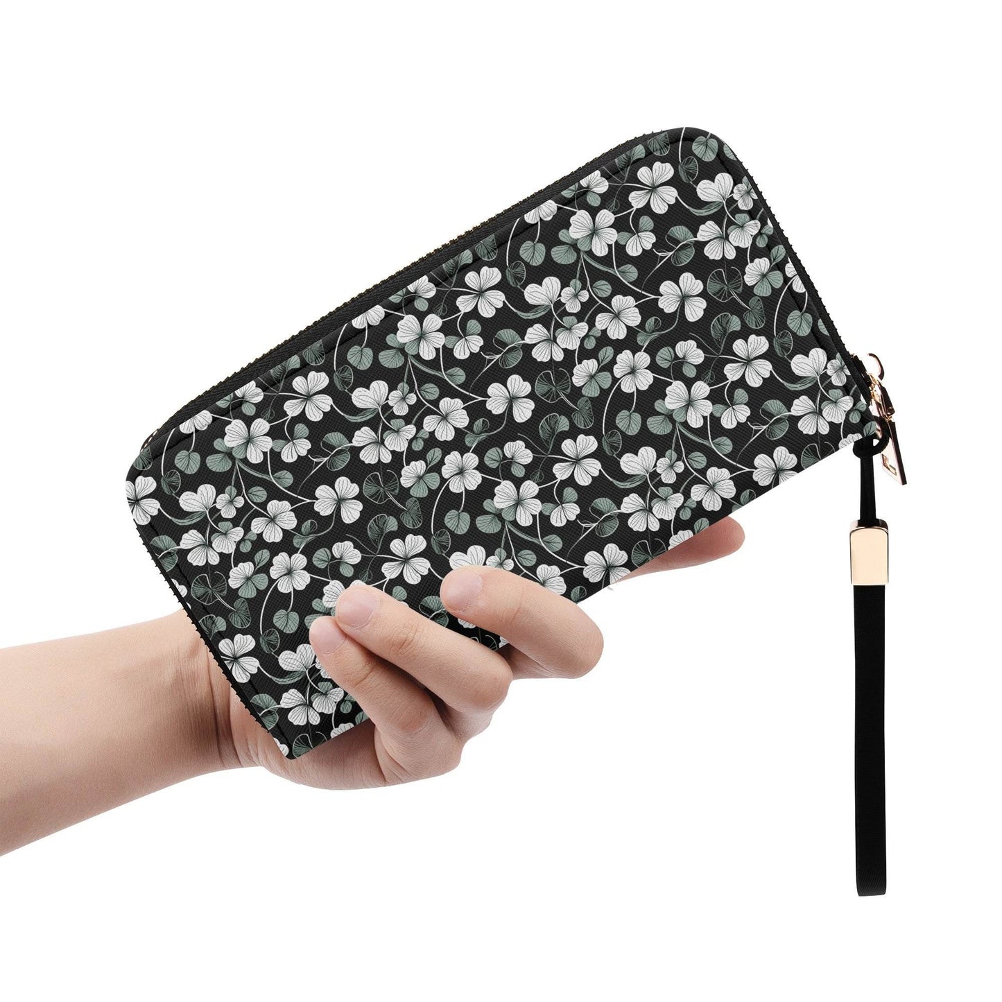 White and Green Clover Leather Zipper Wristlet Wallet - DeRose Seasonal