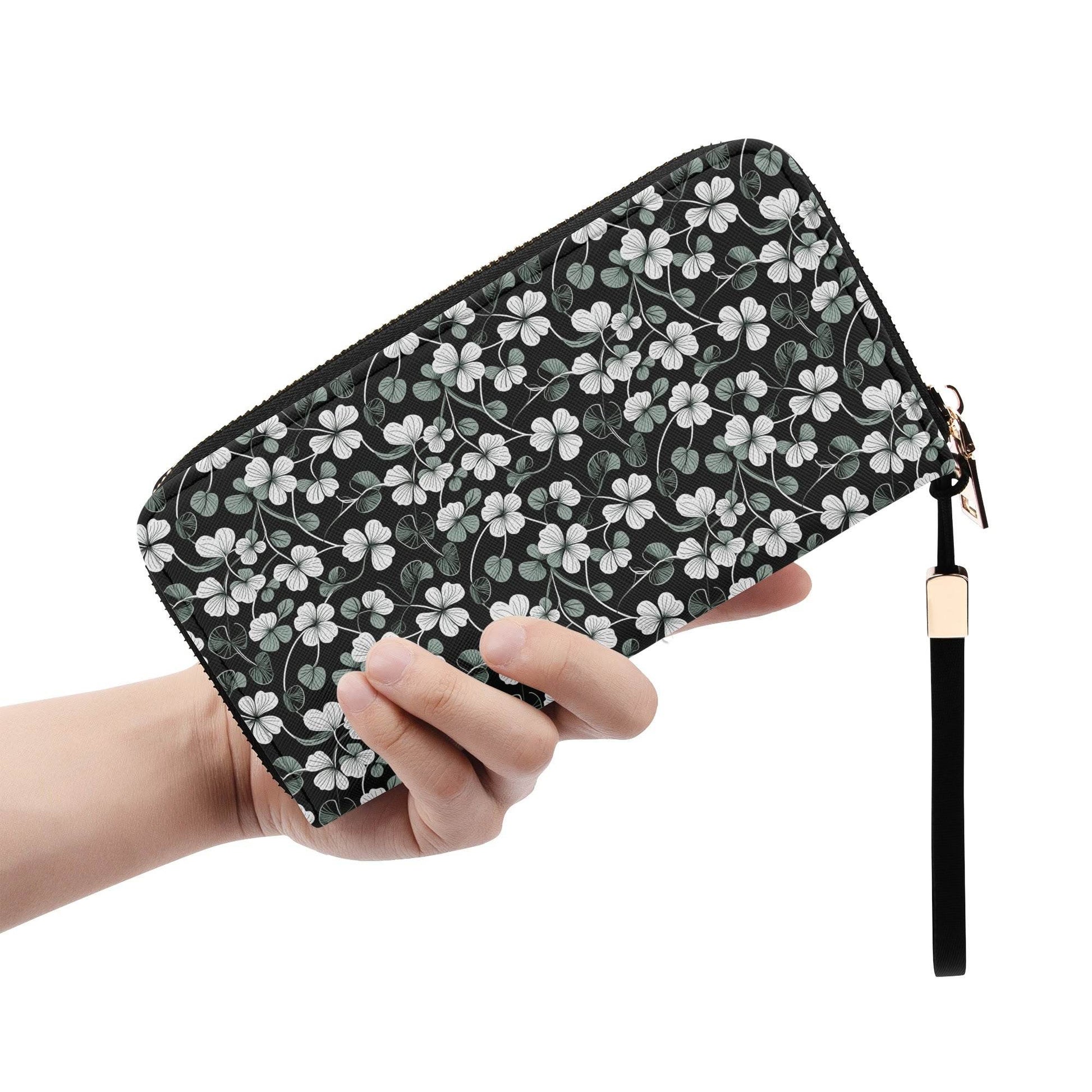 White and Green Clover Leather Zipper Wristlet Wallet - DeRose Seasonal
