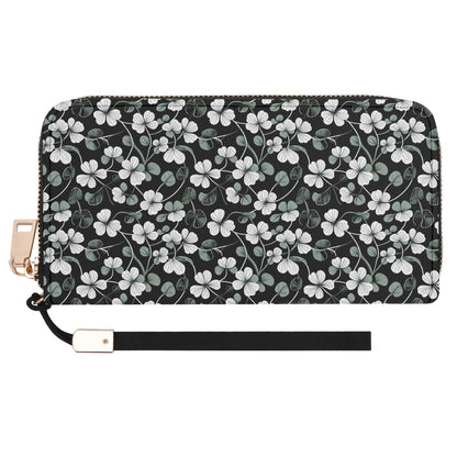 White and Green Clover Leather Zipper Wristlet Wallet - DeRose Seasonal