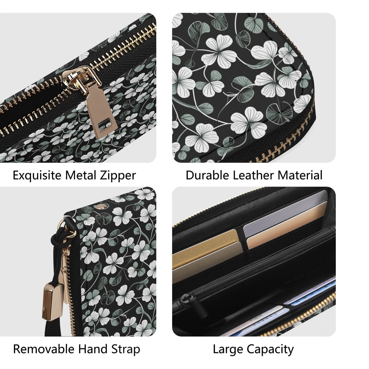 White and Green Clover Leather Zipper Wristlet Wallet - DeRose Seasonal